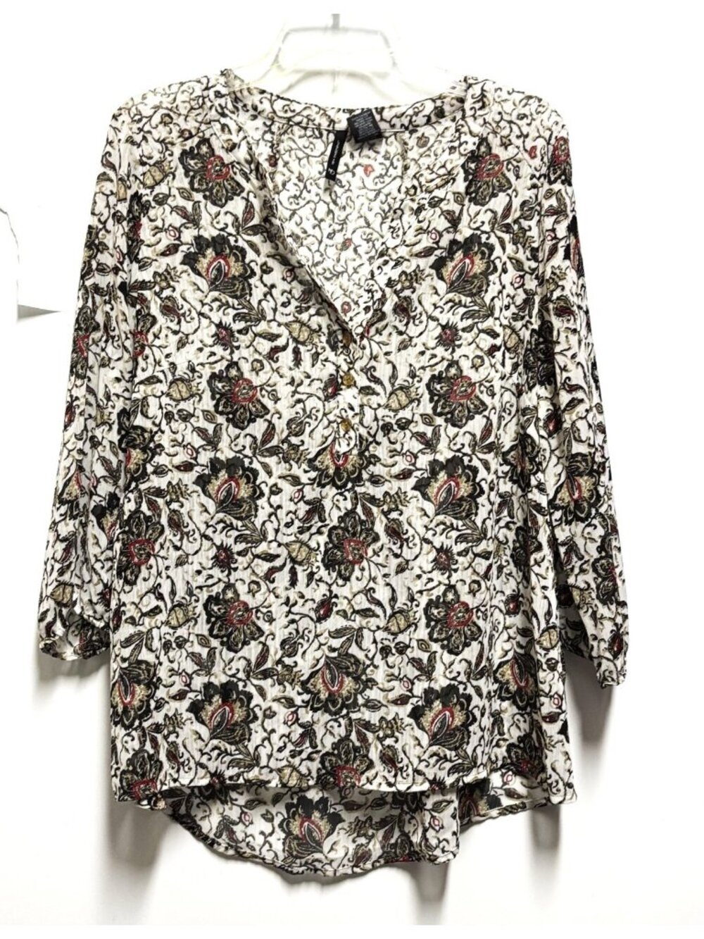 New Directions Size Large Top , Floral 3/4 Sleeves , Semi-sheer Brown Black